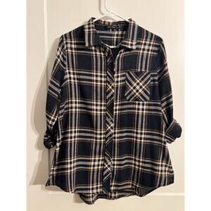 Doe & Rae Flannel Top Button Up Shirt Sz L Black orange plaid cowgirl western